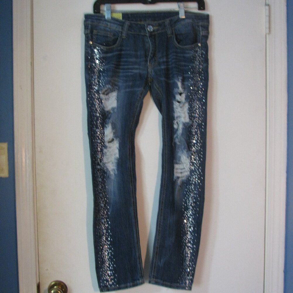 Machine Pour Neuf Mode Jeans Size 11 Juniors Tons of Bling Crystals Distressed